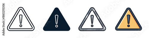 Set of four warning sign icons with exclamation marks, showcasing various design styles like outline, solid fill, hand-drawn sketch, and a colorful version
