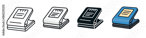 Collection of four hole puncher illustrations presented in a variety of graphic styles such as outline, solid black, and full color vector art for business concepts