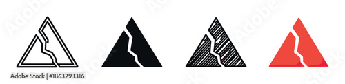 Set of four broken triangle icons in various styles including outline, solid, sketch, and color, representing concepts of damage, error, warning, and system failure