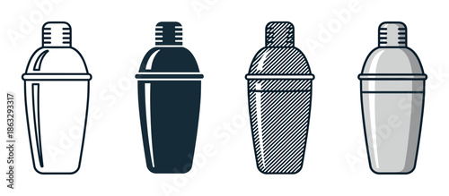 Set of four cocktail shaker icons in different graphic styles including line art, silhouette, hatched, and flat color for bar and beverage concepts