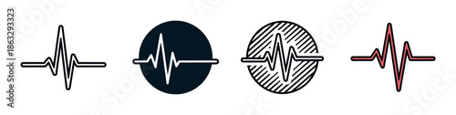 Set of four pulse line icons showing different graphic design styles including a simple outline, solid circle, hatched pattern, and color for medical or audio concepts