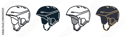 Set of four ski helmet icons showing different graphic styles, including line art, solid silhouette, and color variations for winter sports and safety equipment concepts
