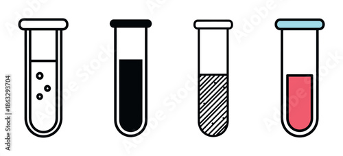 Four laboratory test tube icons in different styles showing a collection of scientific glassware with various liquids for chemistry experiments and medical analysis in a simple graphic illustration