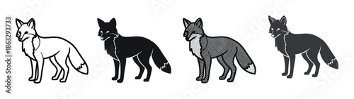 Four black and white fox icons presented in a collection of different minimalist graphic styles including simple outline, solid silhouette, and engraved texture
