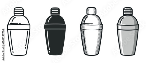 Four cocktail shaker icons in different styles, including line art, silhouette, sketch, and cartoon, representing barware equipment for mixing drinks and beverages