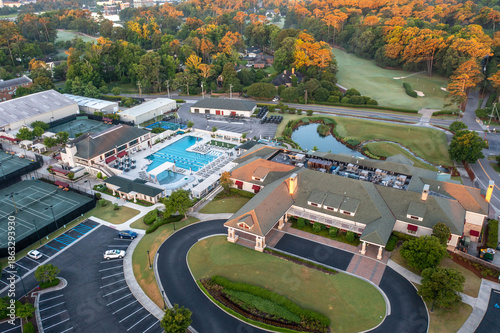 Aerial View of the Princess Anne Country Club in Virginia Beach With Large Swimming Pool at Sunrise