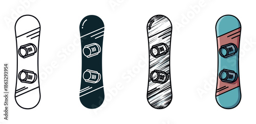 Set of four snowboard illustrations for winter sports, showcasing various artistic styles like simple line art, a solid glyph, a hand-drawn sketch, and a colorful cartoon