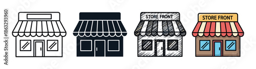Set of four storefront icons showing different artistic styles including simple line art, a solid black silhouette, a hand-drawn sketch, and a full-color cartoon illustration