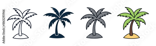 Palm tree icon set in four different styles including outline, solid silhouette, hatched sketch, and full color, representing tropical vacation, summer, and exotic travel themes