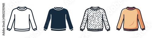 Set of four sweatshirt icons showing different styles including line art, silhouette, pattern, and color, representing a versatile clothing and fashion concept for graphic design
