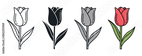 Set of four tulip flower illustrations showing different artistic styles, including a simple outline, a black silhouette, a hatched sketch, and a full-color cartoon version