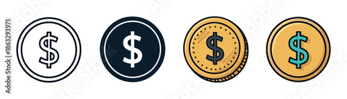 Set of four dollar coin icons in various graphic styles including outline, solid silhouette, and colorful cartoon illustrations for financial or economic concepts