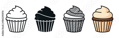 Set of four cupcake icons showing different graphic styles including outline, silhouette, pattern fill, and a full color cartoon illustration for design elements