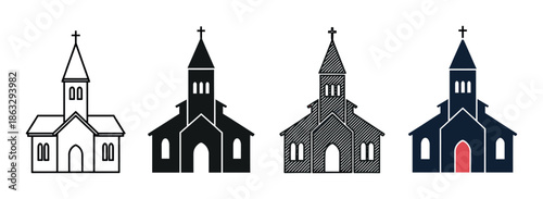 Set of four church building icons in various graphic styles including outline, solid silhouette, textured, and colored versions for religious or architectural design