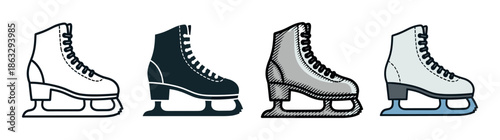 Four figure skate illustrations in various styles including line art, silhouette, shaded drawing, and simple color, representing winter sports and recreation equipment icons