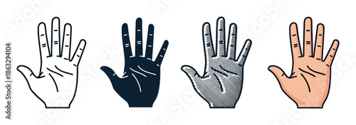 Four human hand icons in different styles showing an open palm gesture in a collection of line art, silhouette, engraved, and cartoon vector illustrations for design elements
