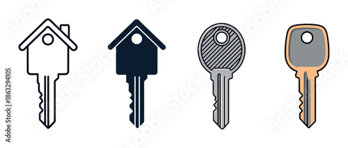 Set of four key icons for real estate, including house-shaped keys and standard keys in various graphic styles like line art, silhouette, and color illustrations