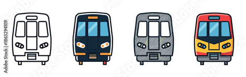 Set of four modern train icons showing the front view of a subway or metro vehicle in various artistic styles including line art, flat color, and a sketched design