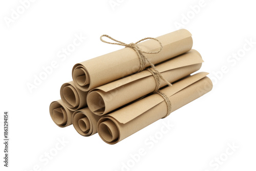 Stack of old paper scrolls tied with twine