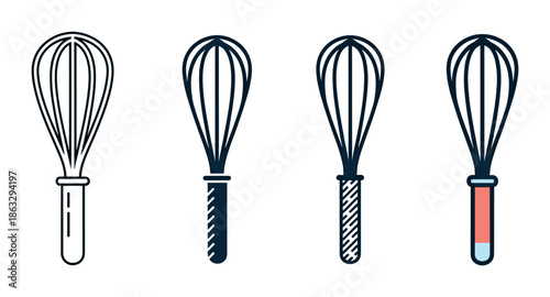 Set of four kitchen whisk icons presented in various minimalist styles, including line art, solid silhouette, patterned handle, and color fill for culinary graphic design