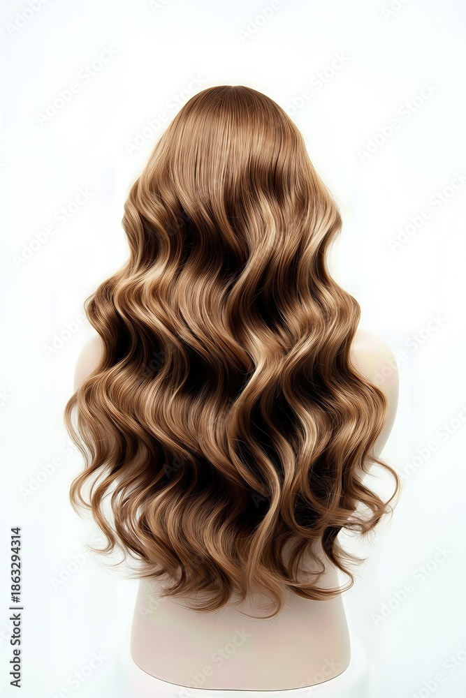 Fototapeta premium Mannequin head with long wavy brown hair on white background