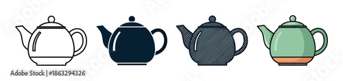 Set of four teapot icons presented in various design styles including outline, solid silhouette, hatched texture, and a simple colored cartoon flat illustration for graphic design