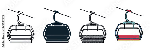Ski lift chairlift icon set with four different styles including simple outline, solid silhouette, textured hatching, and a full color version for winter sports