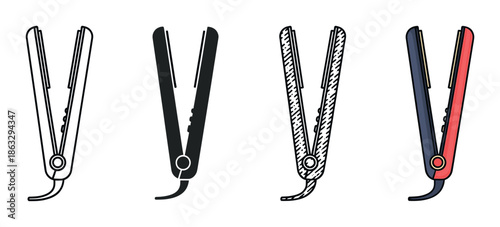 Hair straightener flat iron vector icon collection with four design variations, including a simple outline, a black silhouette, a doodle sketch, and a colored cartoon graphic