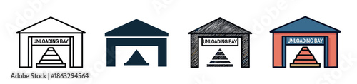 Unloading bay icon set in four styles including line art, silhouette, hand-drawn sketch, and color for logistics, warehouse, and delivery concepts in a vector illustration