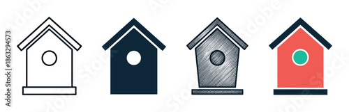 Four birdhouse vector icons presented in a collection of various design styles, from simple line art and silhouette to a detailed sketch and a colorful flat graphic