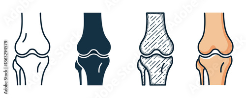 Knee joint icon set with four different styles including line art, solid glyph, hand-drawn sketch, and color fill for medical and anatomical design projects
