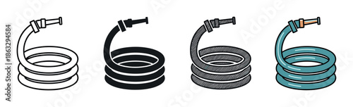 Set of four garden hose icons presented in various artistic styles including a simple outline, a solid black silhouette, a hatched texture, and a flat color version