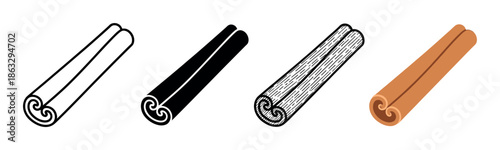 Cinnamon stick vector icon set showing four different graphic styles including simple outline, solid silhouette, detailed engraving, and a modern flat color illustration