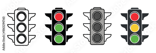 Set of four traffic light signal icons in various styles including outline, flat color, and textured, representing concepts of safety, control, and regulation