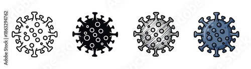 Collection of four microbial virus icons presented in a variety of styles from simple black outline and silhouette to a detailed hand-drawn sketch and a colored cartoon