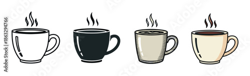 Set of four illustrated coffee mugs in different artistic styles including line art, silhouette, and color, each with a hot steaming beverage inside for a cozy feel
