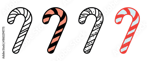 Four candy cane illustrations in a set showing different styles including line art, color fill, and detailed doodle versions for festive holiday designs and decorations