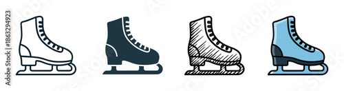 Set of four ice skate icons showing different design styles, including line art, silhouette, hand-drawn sketch, and colored versions for winter sports and recreation concepts