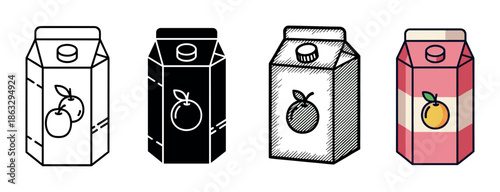 Set of four juice carton illustrations in different artistic styles including line art, glyph, sketch, and colorful cartoon, each featuring a simple fruit logo on the packaging