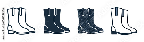Four pairs of illustrated rain boots icon set showing different graphic styles including outline, silhouette, textured, and filled color for design projects