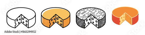 Set of four cheese wheel icons with a cut wedge, showcasing different artistic styles including simple line art, color fill, hatching, and a modern flat vector design