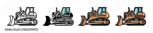 Bulldozer construction vehicle icon set in four distinct graphic styles including simple line art, a solid black glyph, and two full color cartoon vector illustrations