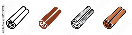 Set of four cinnamon stick vector icons presented in various artistic styles like simple outline, flat color, detailed sketch, and a classic cartoon illustration