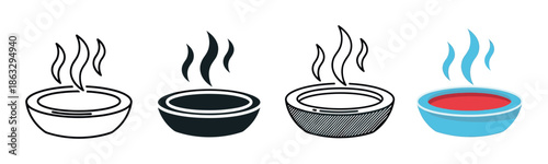 Four hot soup bowl vector icons presented in a collection of various graphic styles, including outline, glyph, hatched, and a simple flat color design for culinary themes