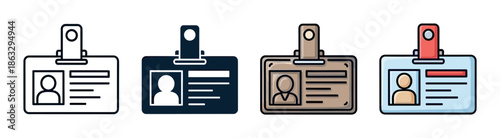 Identification card badge vector icon set shown in four different graphic styles including outline, solid glyph, and full color illustrations for security and access concepts