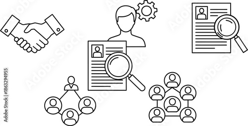 Recruitment process and teamwork icons hiring and partnership