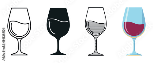 Set of four wine glass icons showing different vector illustration styles including simple outline, solid silhouette, hatched line art, and a full color flat design element