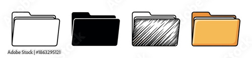 Set of four folder icons presented in different graphic styles including simple outline, solid silhouette, hand-drawn sketch, and flat color for digital file organization