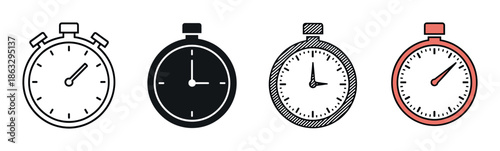 Set of four stopwatch timer icons in various design styles including outline, glyph, sketch, and color, representing time measurement, speed, and project deadlines