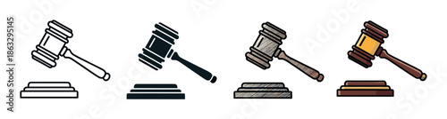 Judge gavel and sounding block icon set presented in outline, solid glyph, hand-drawn sketch, and colored flat vector illustration styles for justice and legal themes